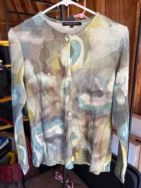 Watercolor Sweater Cardigan Blue Green Abstract Knit Lightweight Grandmacore